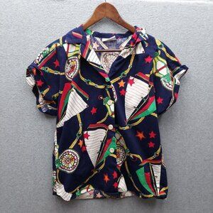 Vintage Laura Mae Nautical Print Button-Up Blouse With Short Sleeves Navy Red &
